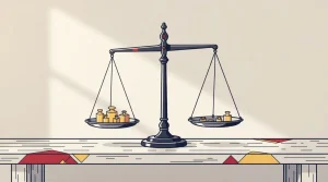 Zwei Waagschalen mit Gewichten unterschiedlicher Größe auf einem Tisch