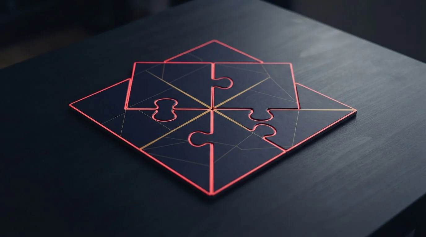 Puzzle aus ineinandergreifenden geometrischen Teilen auf dunkler Fläche