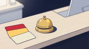 Kleiner metallener Tischgong neben zwei schlichten Karten auf einem Pult