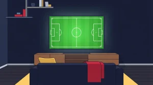 Großer Fernseher mit beleuchtetem Fußballfeld in einem ruhigen Raum