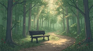 Ruhige Bank an einem Waldweg mit Bäumen