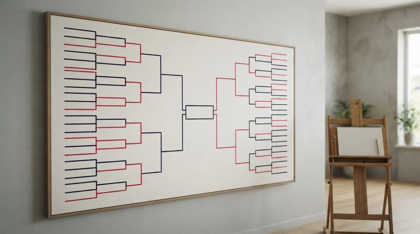 Schematischer Turnierbaum mit markierten Spielpaarungen und Sportflächen