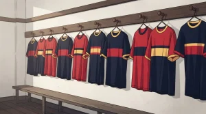 Verschiedene einfarbige Sporttrikots an Haken in einer Umkleide