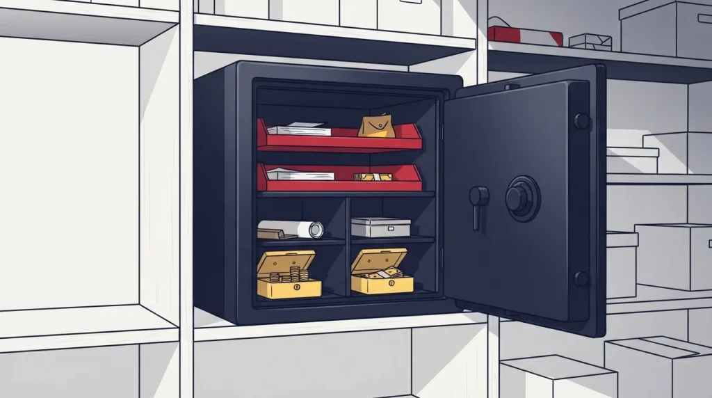 Halb geöffneter kleiner Safe mit dunklem Innenraum auf einem Regal